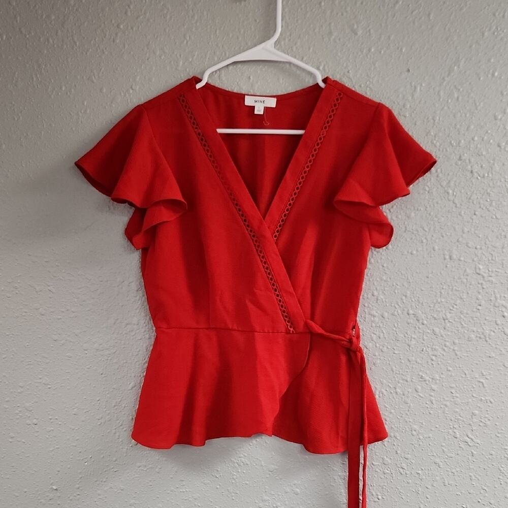 Mine Red Flutter Sleeve Wrap Blouse